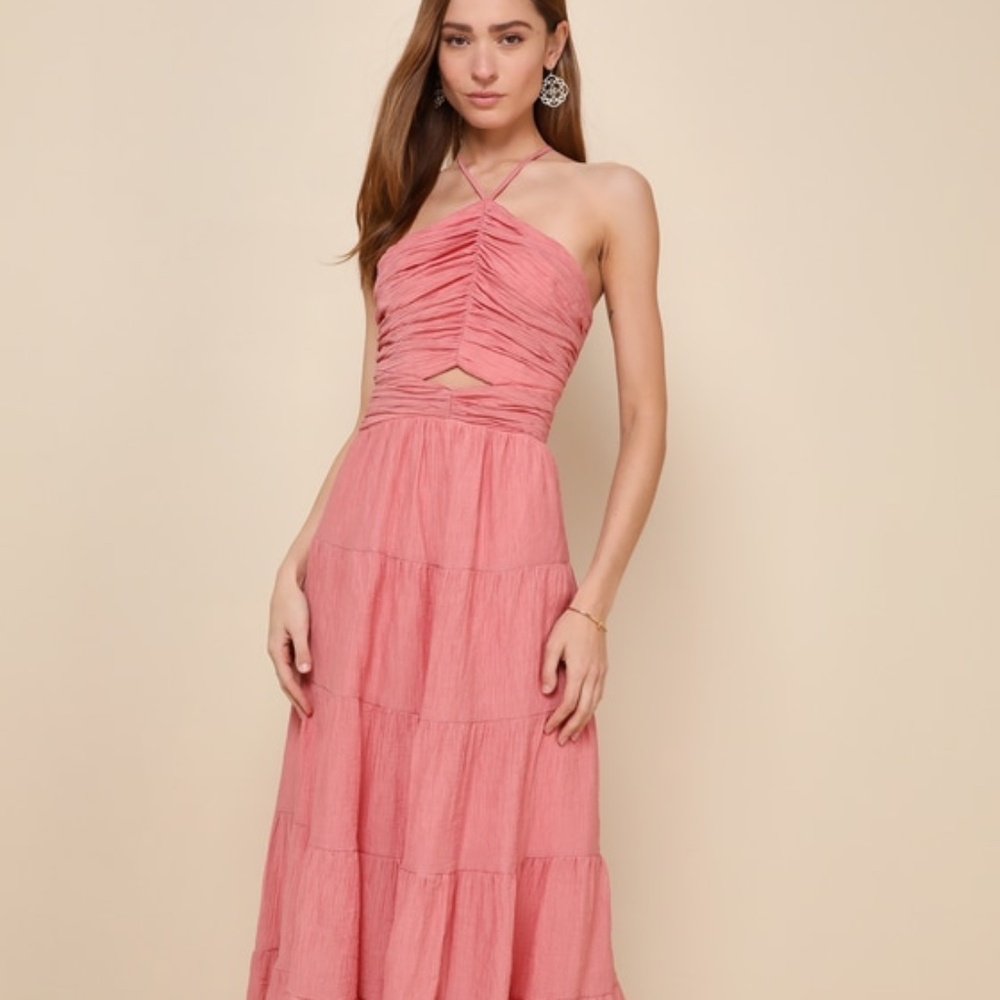 Lulus Effortless Sweetness Rusty Rose Ruched Lace-up Tiered Midi Dress Pink